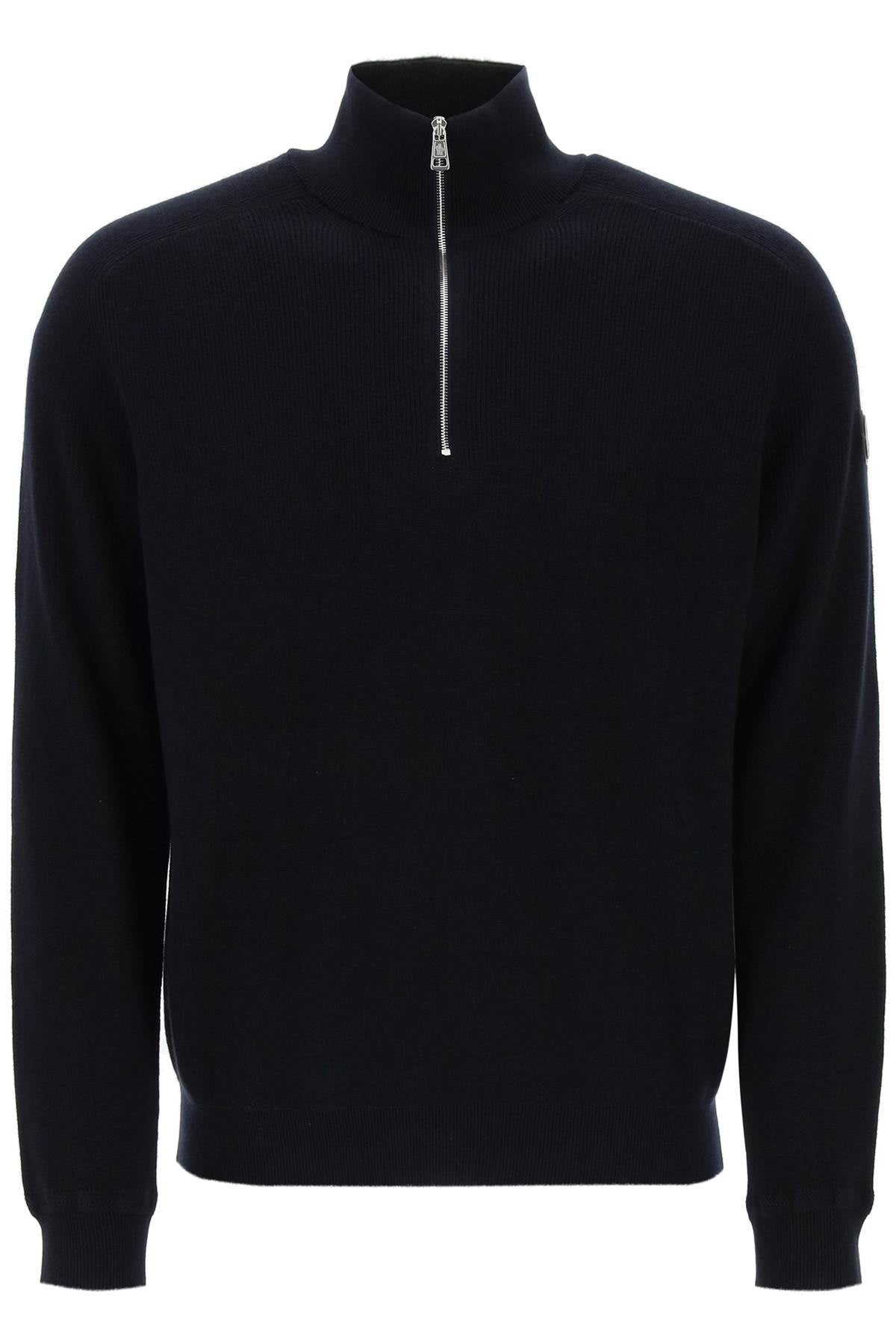 MONCLER Cotton and Cashmere Pullover with Funnel Neck and Half Zip for Men