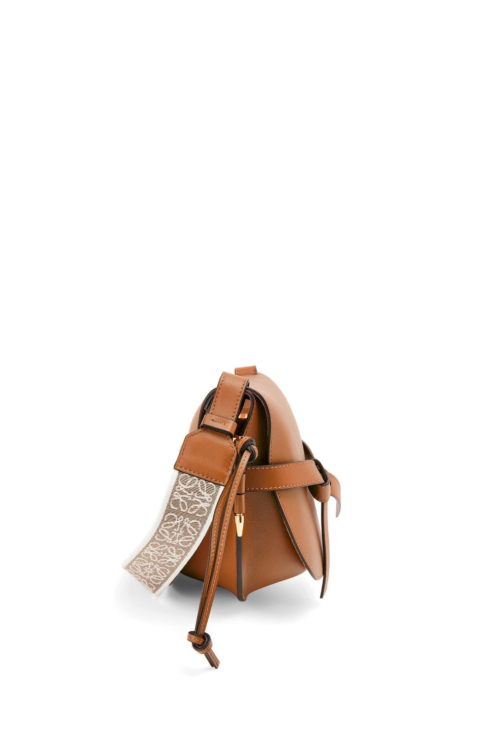 LOEWE Tan Calfskin Mini Gate Crossbody Handbag with Embossed Logo, Adjustable Strap, and Knot Detail - 25x19x11.5 cm