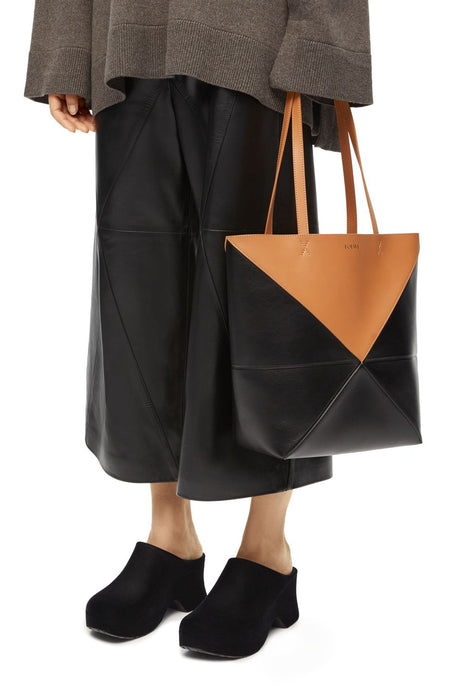 LOEWE Foldable Puzzle Tote Handbag in Black and Brown Calfskin for Women - FW23