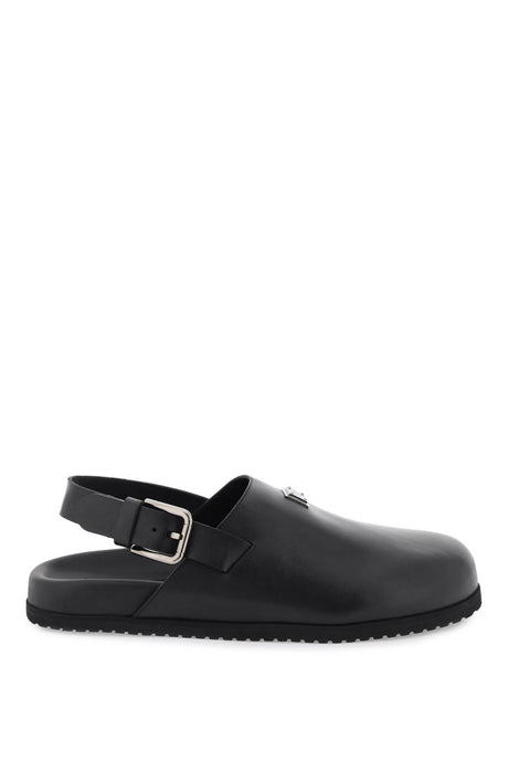 DOLCE & GABBANA Men's Black Leather Flat Sandals with Round Toeline and Back Strap