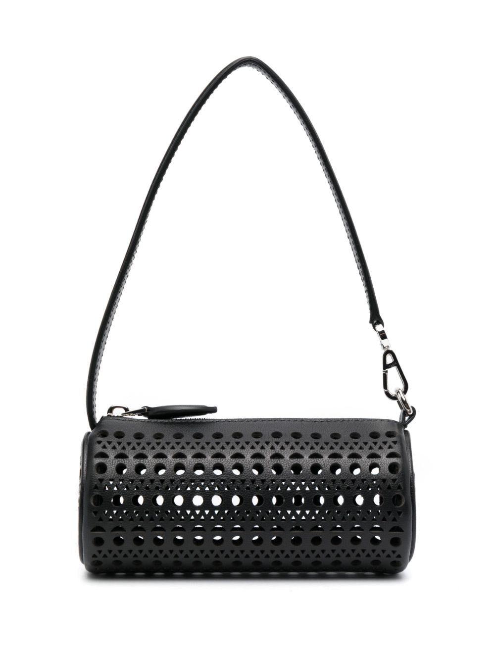 ALAIA Black Mini Tube Leather Shoulder Bag with Vienne Laser-Cut Motif and Silver-Tone Hardware