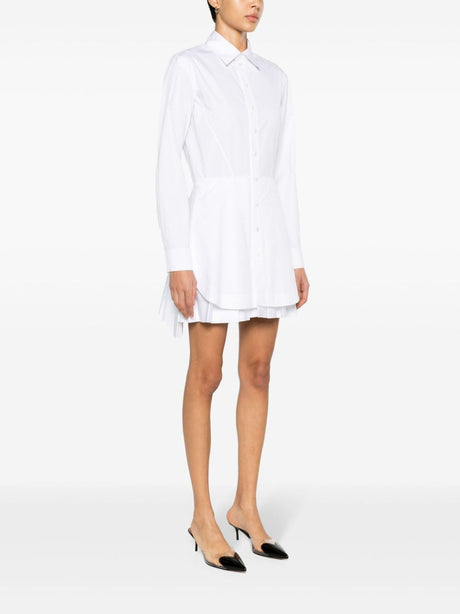 白色棉质衬衣裙 - 经典领子，贝壳纽扣，收腰线，双层裙子，长袖，大腿长度