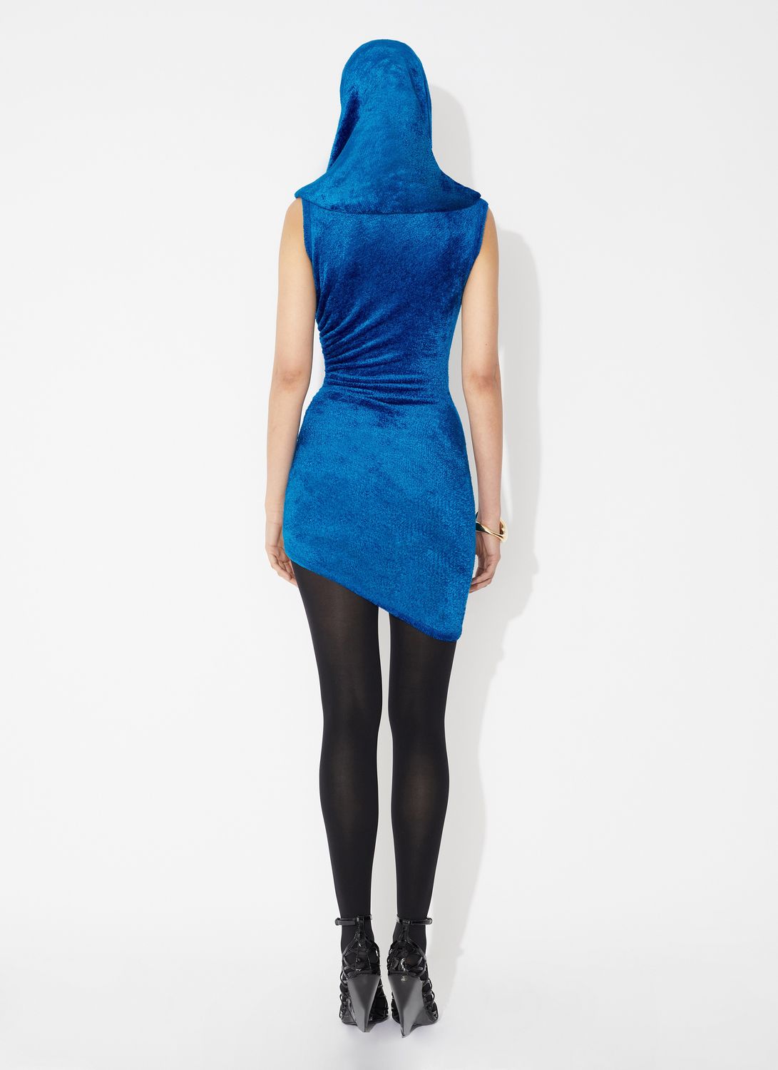 Bright Blue Shiny Velvet Mini Hood Dress (女士亮蓝色绒面迷你连帽连衣裙)