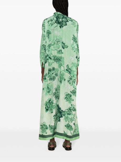 F.R.S FOR RESTLESS SLEEPERS Green Floral Print Silk Long Dress for Women