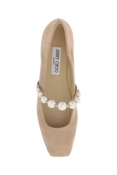 JIMMY CHOO Grey Suede Leather Ballerina Flats with Degrade Pearls