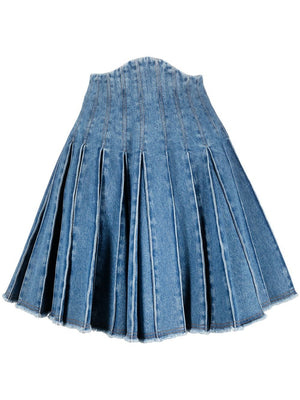 BALMAIN Blue Denim Pleated Short Skirt for Women - SS23 Collection