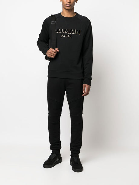 BALMAIN Men's Logo-Print Crew Neck Sweatshirt in Black Cotton