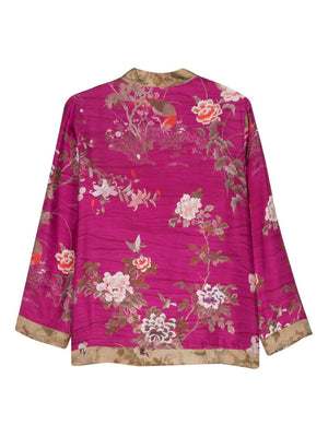 粉红丝绸花卉卫衣 - 可反穿的V领无领外套