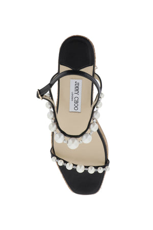JIMMY CHOO Multicolor Woven Wedge Sandals Embellished with Pearls and Crystals