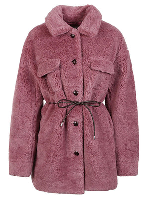 MOLLIOLLI Pink Faux Fur Jacket with Button Closure and Belt for Women - FW23