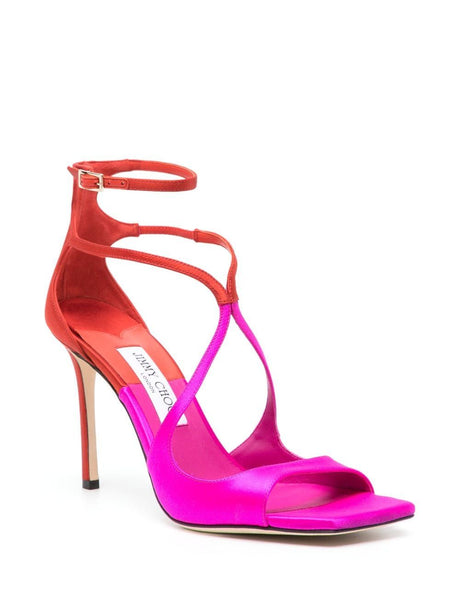 JIMMY CHOO Fuchsia and Red Patchwork Satin Sandals for Women - Square and Open Toe, Stiletto Heel - Size ITA - SS24