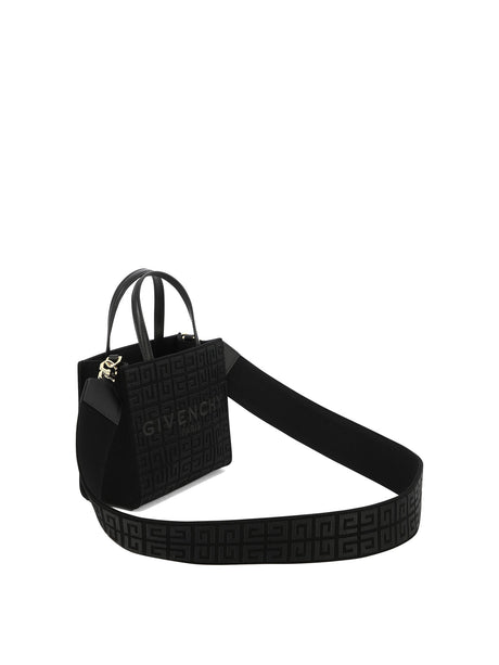 GIVENCHY Mini G-Tote Embroidered Canvas Handbag with Leather Details and Gold Accents - Black