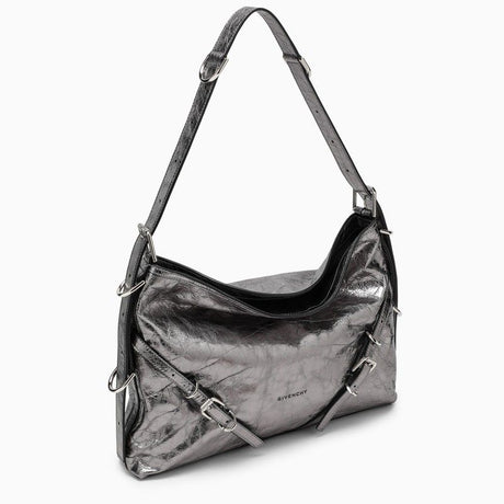 GIVENCHY Silver Laminated Leather Medium Shoulder Bag with Metallic Accents and Adjustable Strap