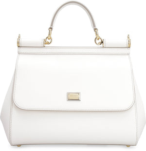 DOLCE & GABBANA White Sicily Medium Leather Crossbody Handbag with Top Handle and Detachable Strap