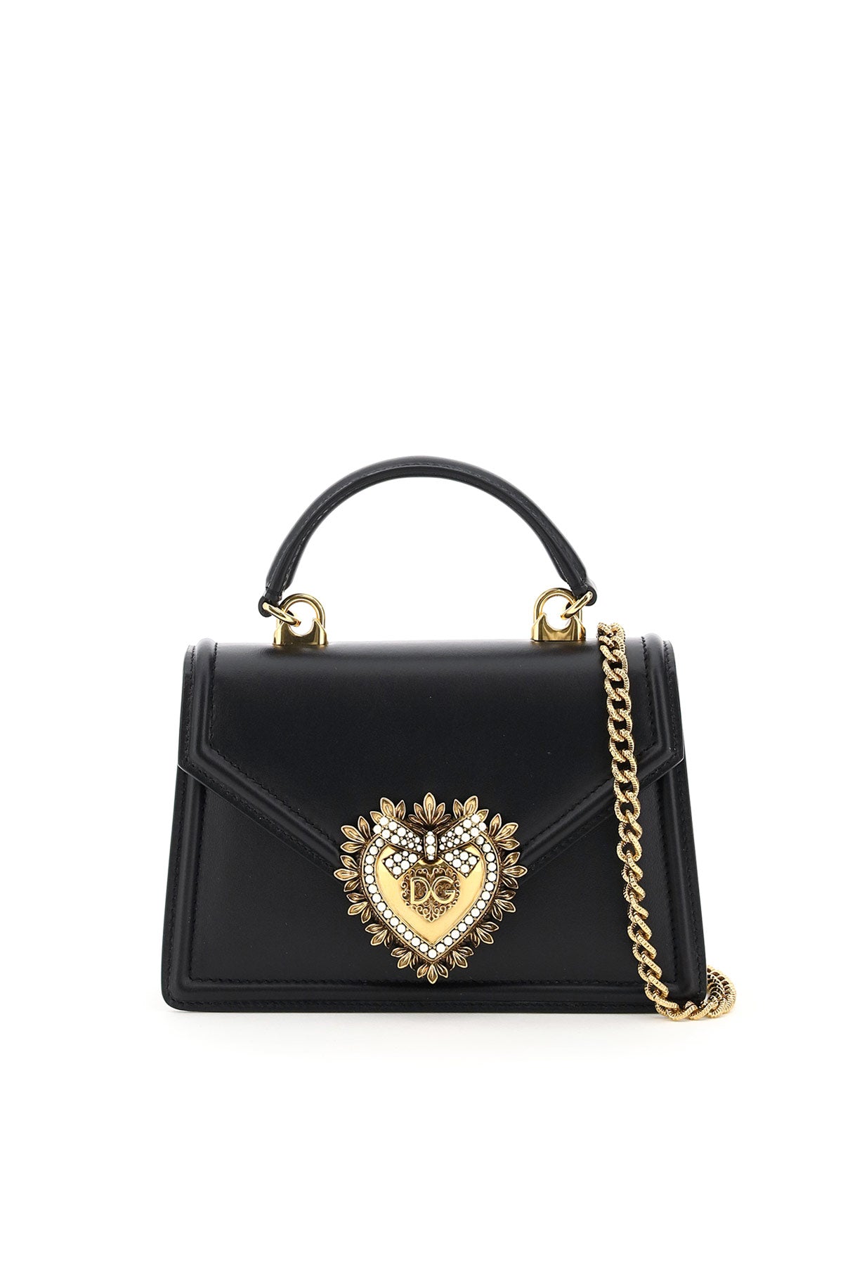 DOLCE & GABBANA Devotion Mini Leather Handbag with Pearl Embellishments, Black – 19x13x4.5 cm