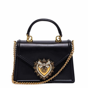 DOLCE & GABBANA Mini Devotion Leather Handbag with Pearl-Embellished Sacred Heart, Removable Chain Strap - Black