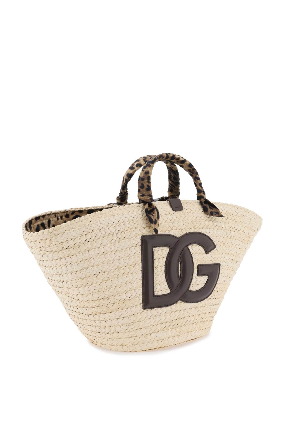 DOLCE & GABBANA Kendra Medium Multicolor Straw & Calfskin Handbag with Leopard Print Accents and Top Handle