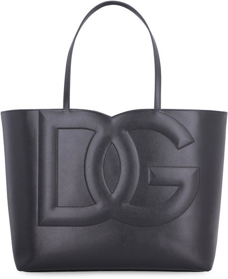 DOLCE & GABBANA  DG LOGO BLACK LEATHER MEDIUM Tote Handbag Handbag