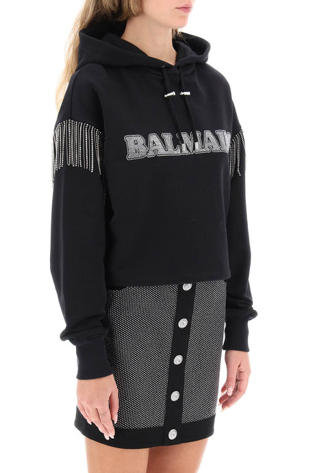 BALMAIN Rhinstone-studded Cropped Hoodie with Crystal Cupchains