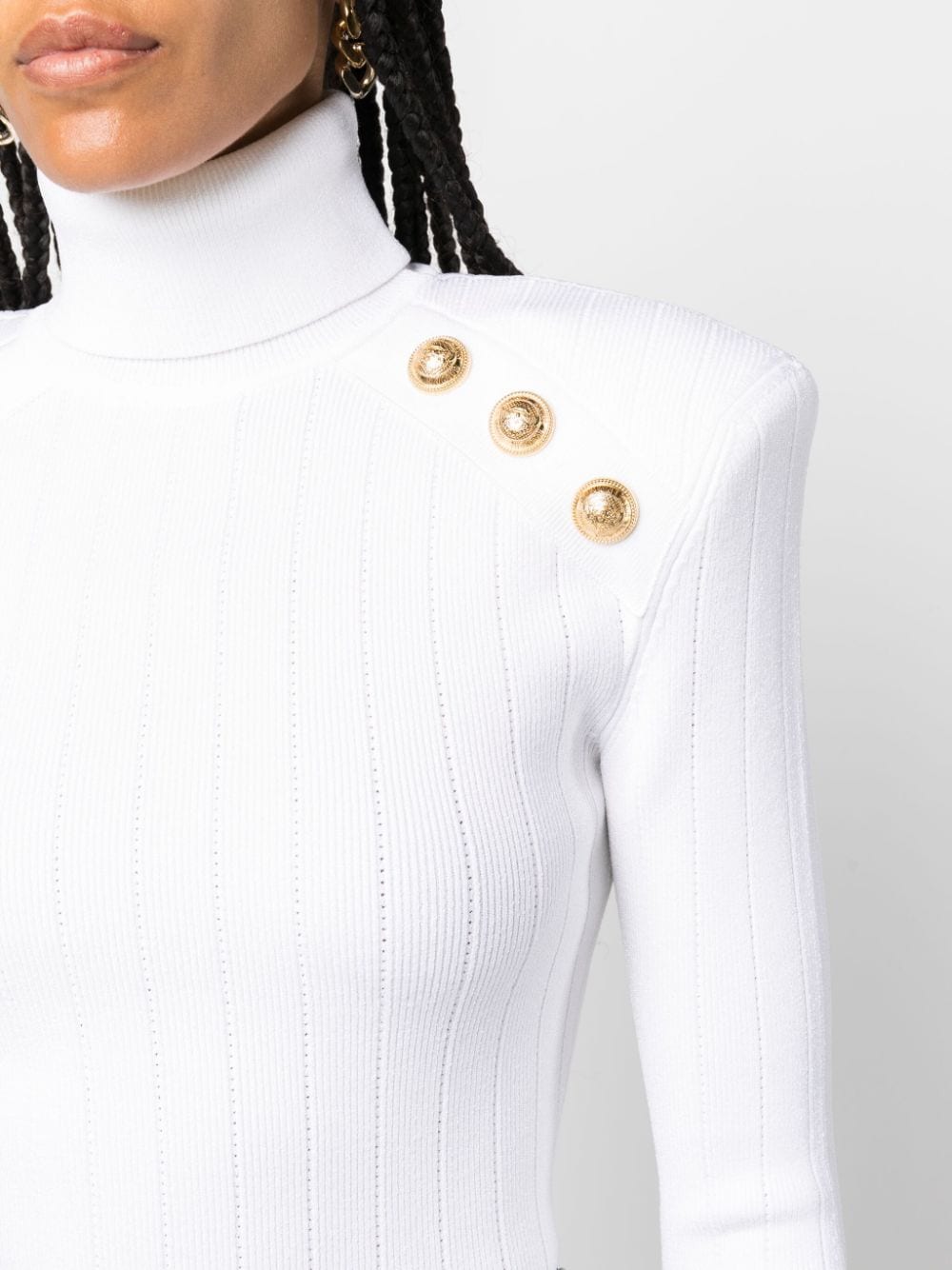 BALMAIN White Button-Embellished Ribbed-Knit Jumper for Women