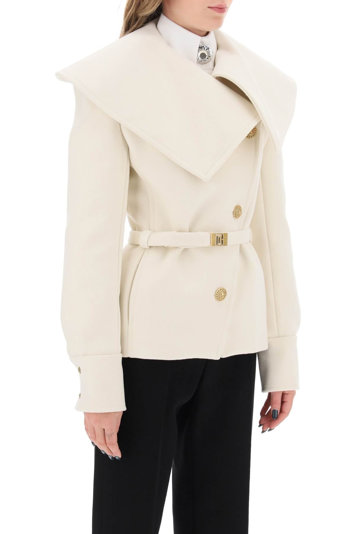 BALMAIN Fitted White Women's Peacoat with Oversized Collar and Monogram-Buckled Belt