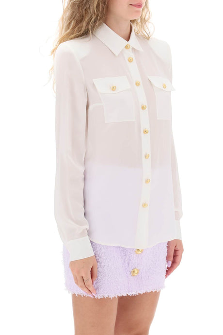FW23女装白色真丝衬衫，两口袋，扣子式