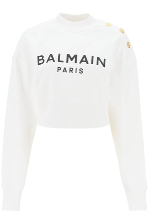 BALMAIN Contrast Logo Cropped Sweatshirt with Ornamental Buttons
