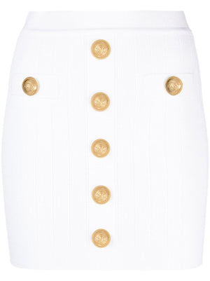 BALMAIN Buttoned High Waist Mini Skirt in Ribbed White