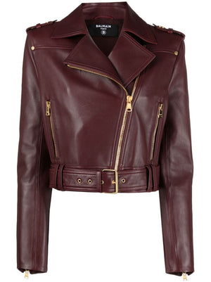 BALMAIN Stylish Burgundy Cropped Biker Jacket for Women