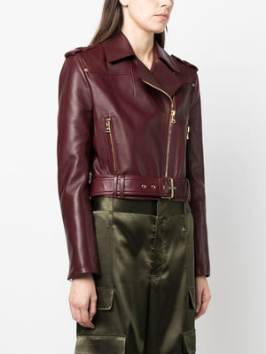 BALMAIN Stylish Burgundy Cropped Biker Jacket for Women