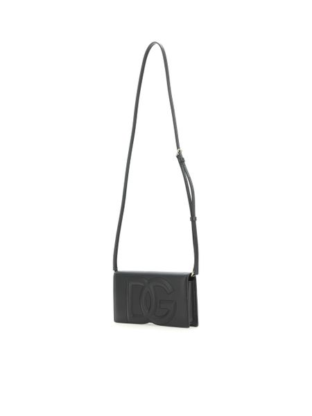 DOLCE & GABBANA Black Leather Phone Handbag with DG Logo and Adjustable Strap