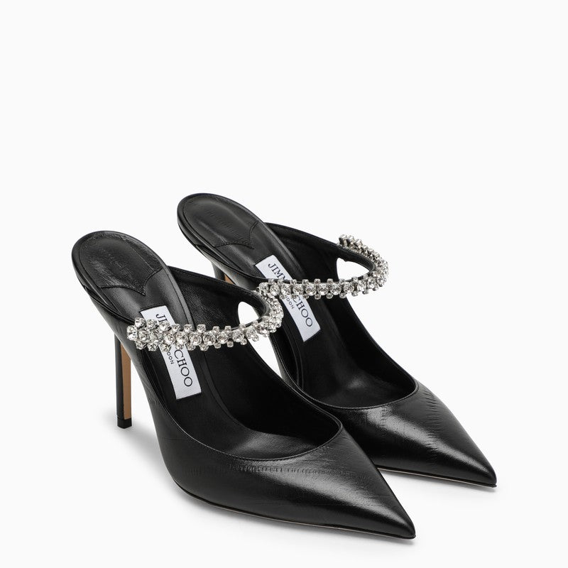 JIMMY CHOO Black Leather Crystal Strap Sabot with Pointed Design and Slim Heel