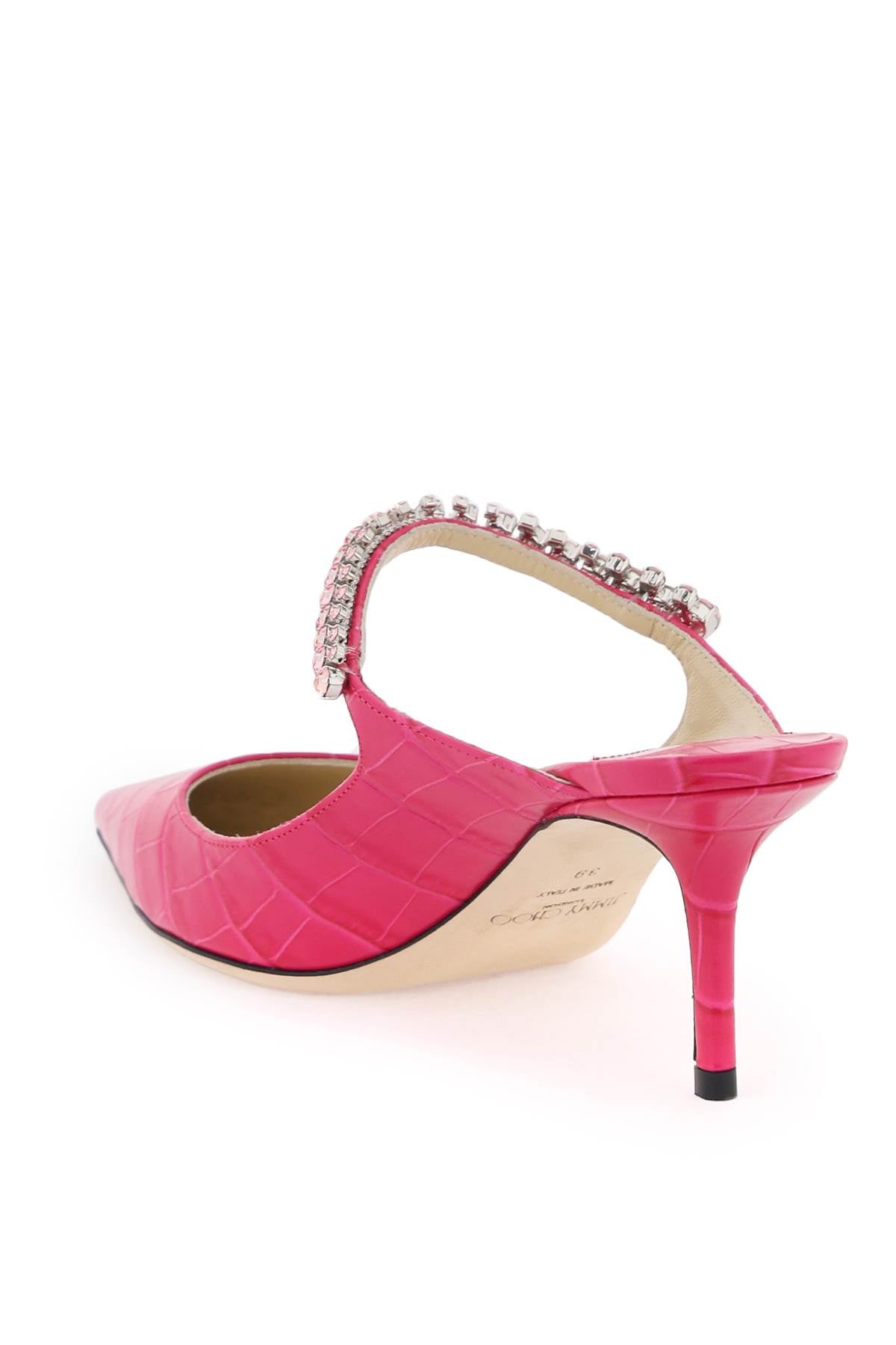 JIMMY CHOO Fuchsia Croc-Embossed Leather Flat for Women with Embedded Crystals and Covered Heel