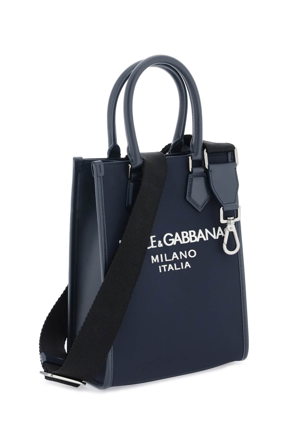 DOLCE & GABBANA Navy Small Nylon and Leather Trim Tote Bag with Rubberized Logo for Men