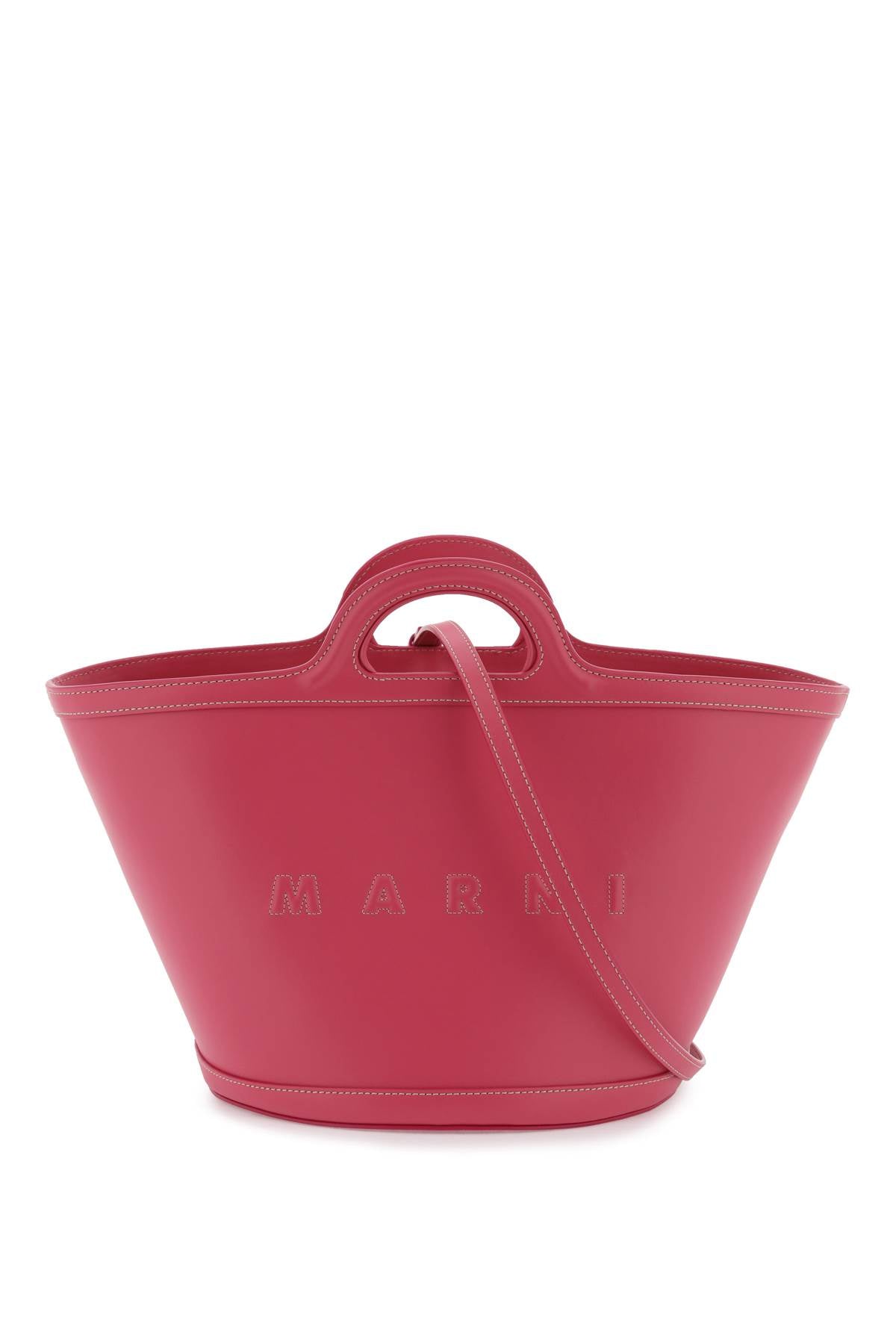 MARNI Pink Leather Mini Tropicalia Bucket Handbag with Gold Hardware and Adjustable Strap