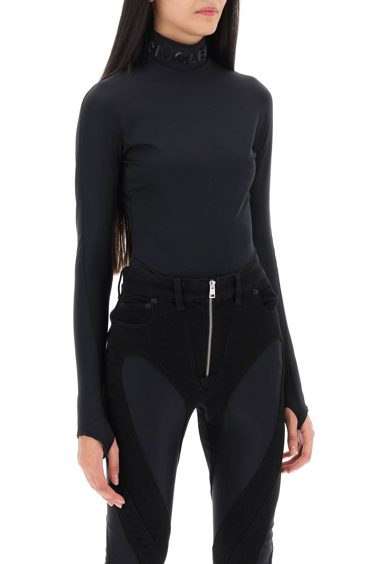 MUGLER Black Stand Collar Bodysuit with Second-Skin Effect for Women