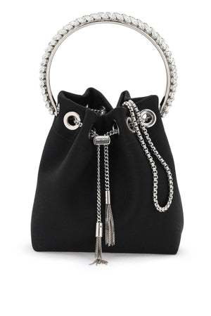 JIMMY CHOO BON BON BUCKET Handbag - Satin with Rigid Metal Handle and Crystal Embellishments