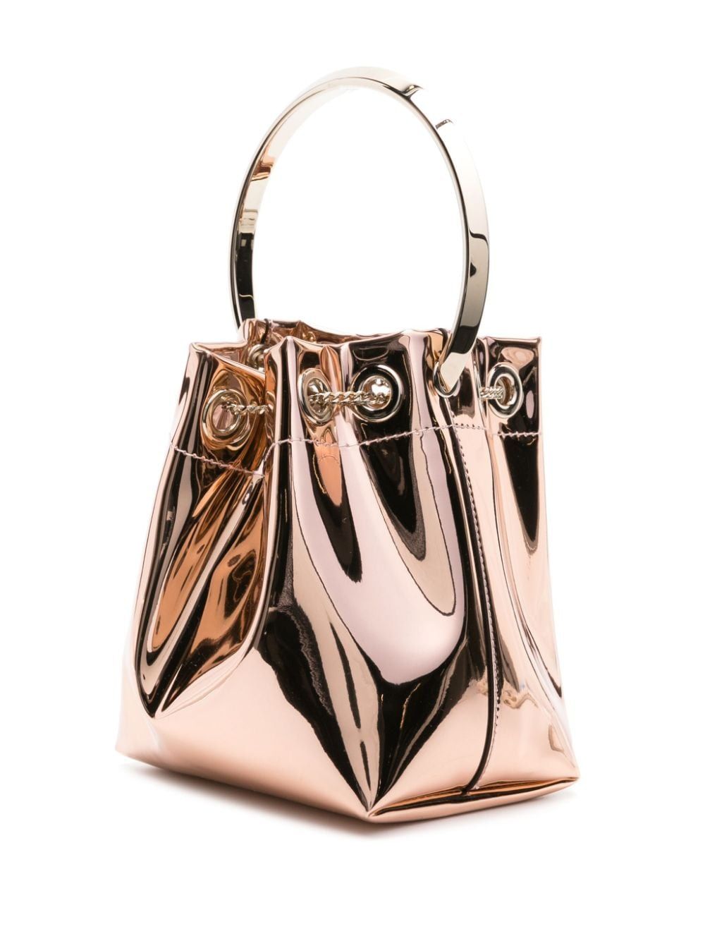 JIMMY CHOO Mini Bon Bon Pink Gold Mirrored Fabric Handbag with Metal Handle and Chain Details, 14x15x9.5 cm