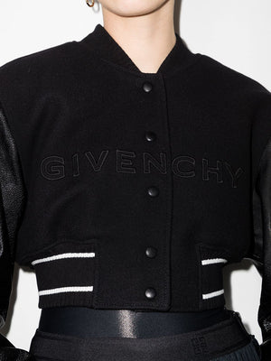 GIVENCHY Black Wool and Leather Cropped Bomber Jacket for Women