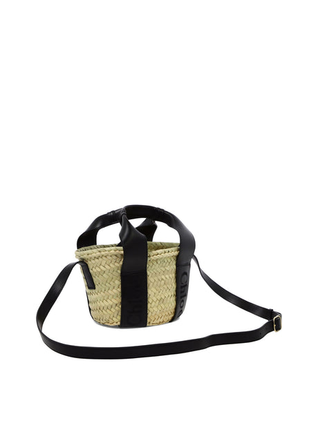 CHLOÉ Women's Black Bucket Handbag in Small Raffia and Calfskin Leather