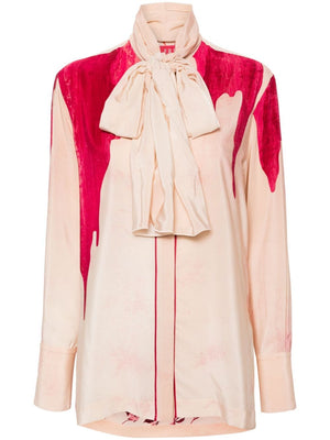 粉红色印花丝绸衬衫，女士可拆卸围巾款式