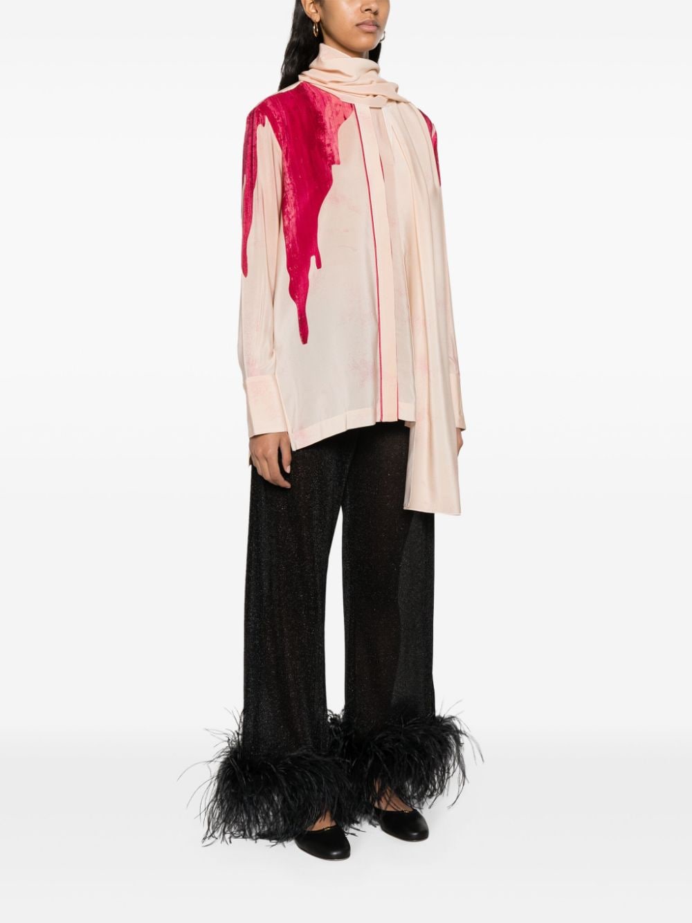 F.R.S FOR RESTLESS SLEEPERS Light Pink Palm Tree Print Silk Shirt with Detachable Scarf and Button Details