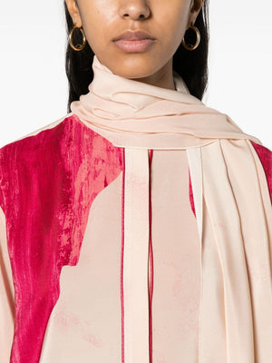 粉红色印花丝绸衬衫，女士可拆卸围巾款式