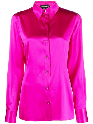 Hot Pink Satin Shirt for Women - Long Sleeve Button-Down Shirt by Tom Ford