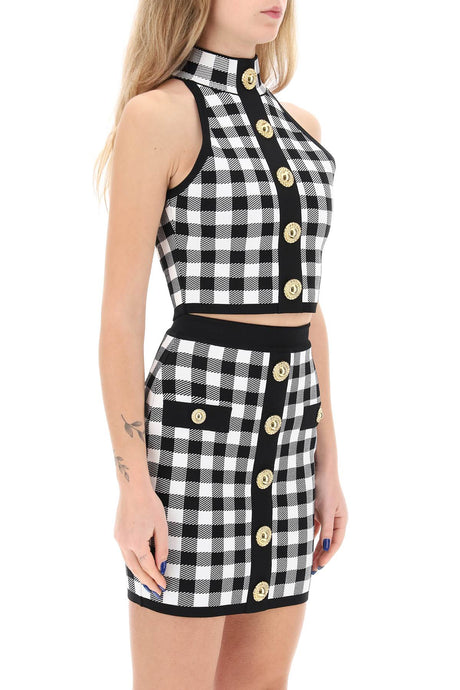 BALMAIN Feminine Gingham Cropped Top with Embossed Buttons