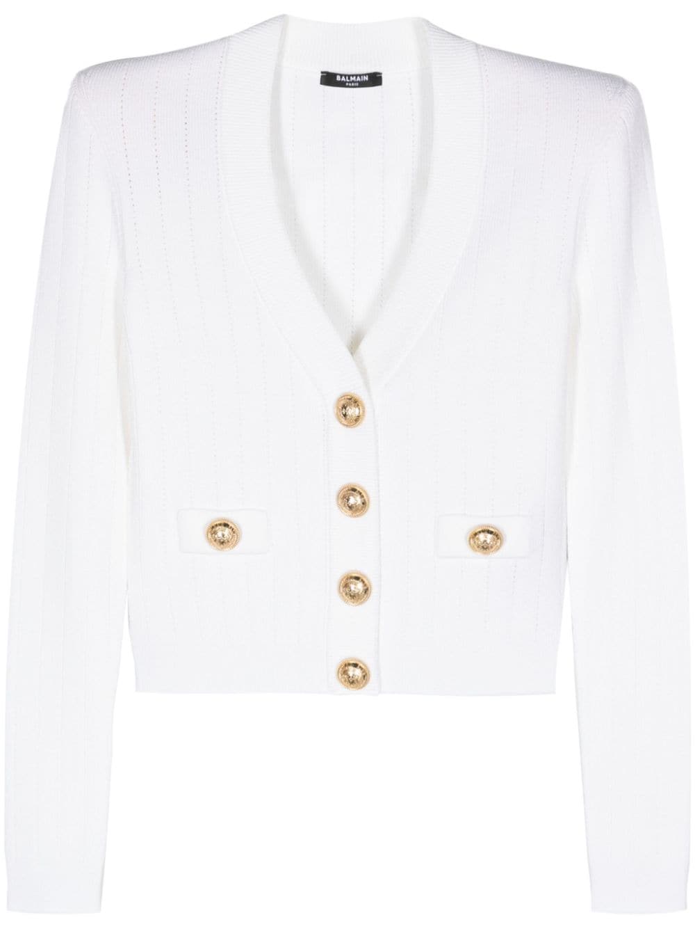 BALMAIN Elegant Pointelle Knit V-Neck Cardigan for Women in White