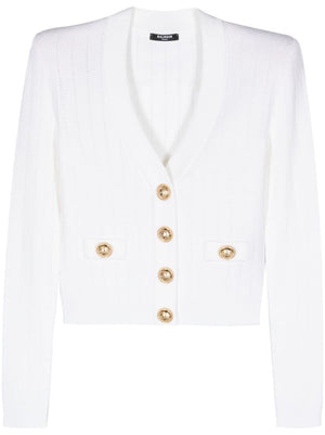 高级针织V领白色开衫女式外套