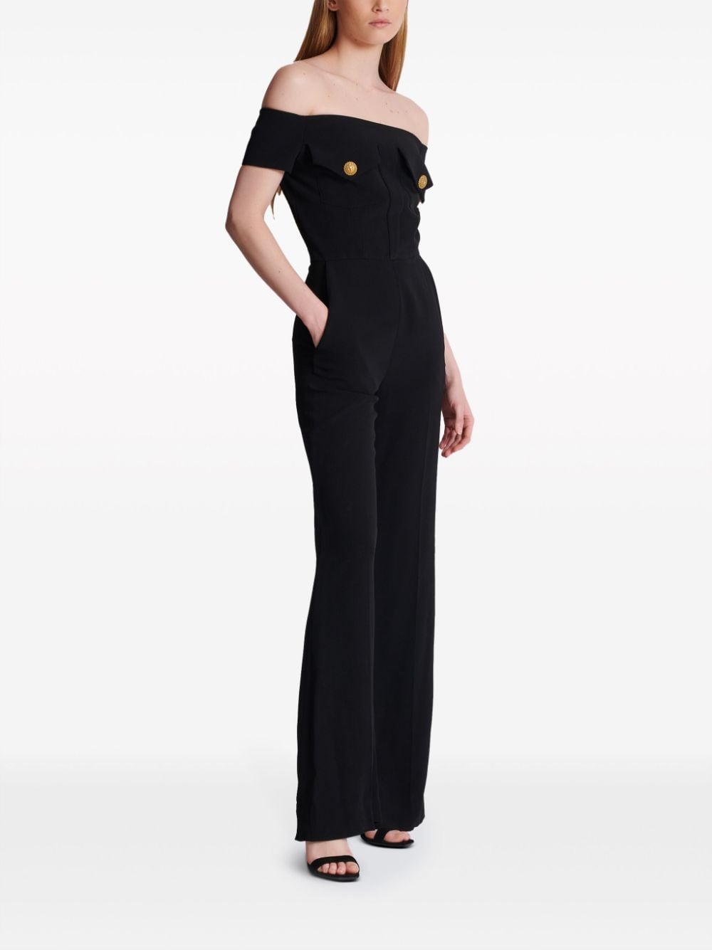 BALMAIN Black Pleated Jumpsuit with Gold-Tone Details for Women