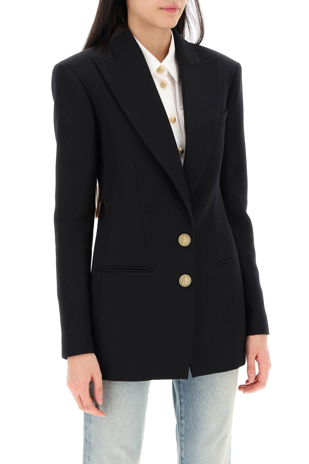 BALMAIN Black Virgin Wool Single-Breasted Jacket with Gold-Tone Lion Buttons for Women