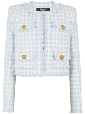 Baby Blue and White Checkered Tweed Jacket
